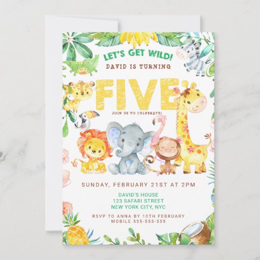 第5誕生日ジャングルサファリボーイパーティー動物園動物 招待状 (正面)