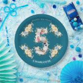 第5誕生日ティール(緑がかった色)フォトコラージブルーイエローフラワー ペーパープレート (パーティー)