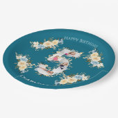 第5誕生日ティール(緑がかった色)フォトコラージブルーイエローフラワー ペーパープレート (アングル)