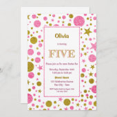 第5誕生日ピンクと金ゴールドグリッター 招待状 (正面/裏面)