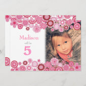 第5誕生日ピンクパーティの招待状フォトカード 招待状 (正面/裏面)