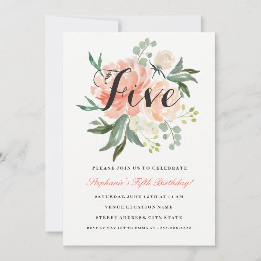 第5誕生日ピンクピーチフローラ招待状 招待状 (正面)