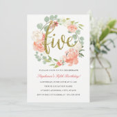 第5誕生日ピンク金ゴールドフローラリース招待状 招待状 (スタンド正面)