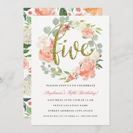 第5誕生日ピンク金ゴールドフローラリース招待状 招待状 (正面/裏面)