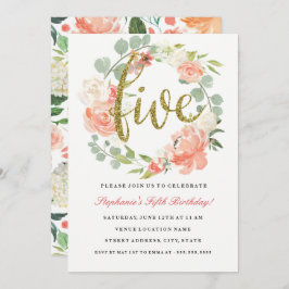 第5誕生日ピンク金ゴールドフローラリース招待状 招待状
