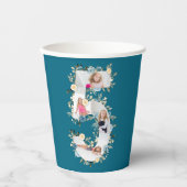 第5誕生日フォトコラージブルーイエローフラワーティール（緑がかった色） 紙コップ (正面)