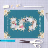 第5誕生日フォトコラージュティール（緑がかった色）ブルーイエローフラワー 薄葉紙 (クラフト)