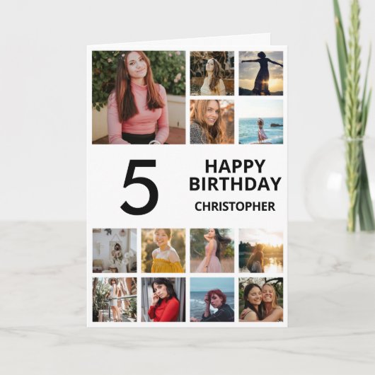 第5誕生日フォトコラージュ13枚フォトブラック&ホワイト カード (正面)