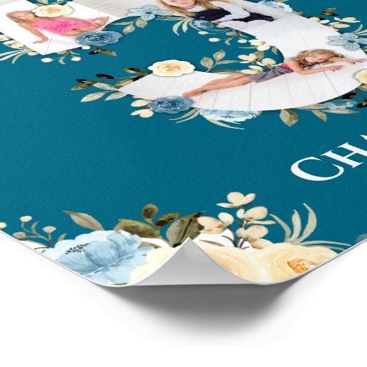 第5誕生日フォトティール（緑がかった色）コラージブルーイエローフラワー ポスター (角)