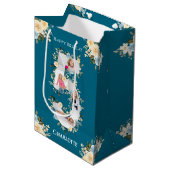 第5誕生日フォトティール（緑がかった色）コラージブルーイエローフラワー ミディアムペーパーバッグ (正面アングル)