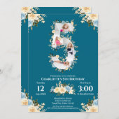 第5誕生日フラワーティール(緑がかった色)フォトコラージブルーイエロー 招待状 (正面/裏面)