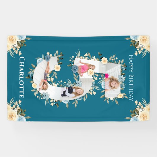 第5誕生日フラワーティール(緑がかった色)フォトコラージブルーイエロー 横断幕 (横)