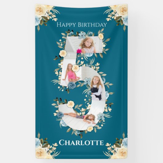 第5誕生日フラワーティール（緑がかった色）フォトコラージブルーイエロー 横断幕 (縦)