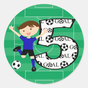 第5誕生日ブルーとブラックのサッカーゴールシール ラウンドシール
