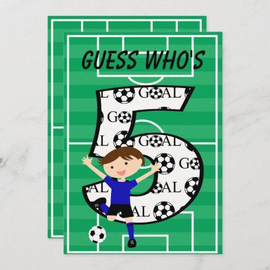 第5誕生日ブルーとブラックサッカーゴールv2 招待状 (正面/裏面)