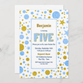 第5誕生日ブルーと金ゴールドグリッターパーティー 招待状 (正面/裏面)