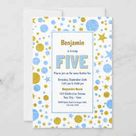 第5誕生日ブルーと金ゴールドグリッターパーティー 招待状