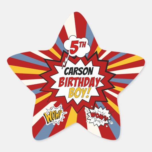 第5誕生日ボーイスーパーヒーロー漫画名 星シール (正面)