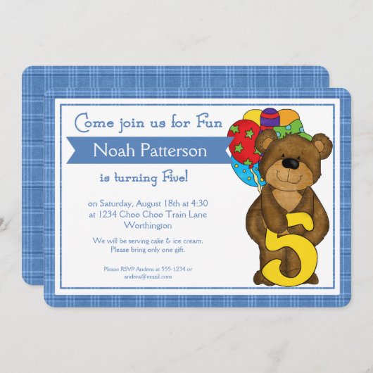 第5誕生日ボーイ招待状テディベアトレイン 招待状 (正面/裏面)