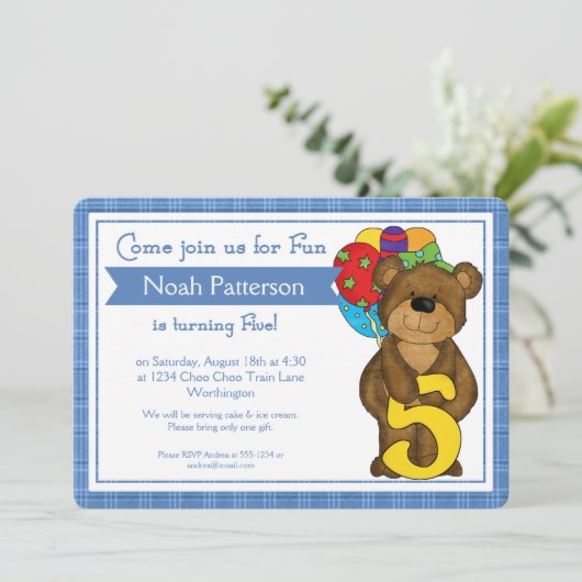 第5誕生日ボーイ招待状テディベアトレイン 招待状 (スタンド正面)
