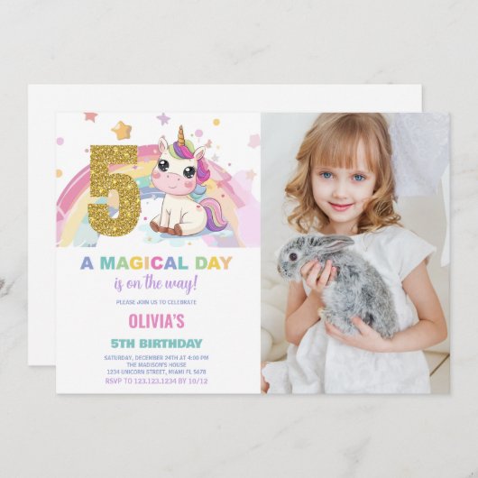 第5誕生日ユニコーン誕生日招待状写真 招待状 (正面/裏面)