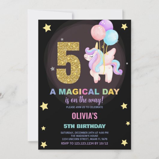 第5誕生日ユニコーン誕生日招待状 招待状 (正面)