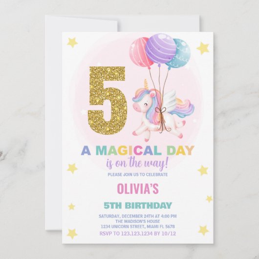 第5誕生日ユニコーン誕生日招待状 招待状 (正面)