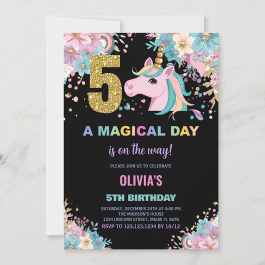 第5誕生日ユニコーン誕生日招待状 招待状 (正面)