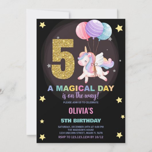 第5誕生日ユニコーン誕生日招待状 招待状 (正面)