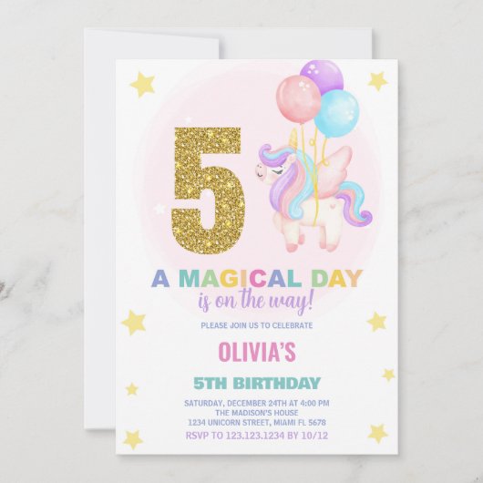 第5誕生日ユニコーン誕生日招待状 招待状 (正面)