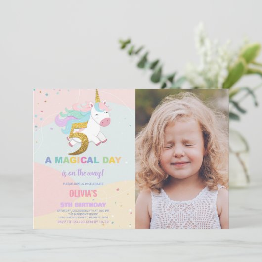 第5誕生日ユニコーン誕生日招待状w写真 招待状 (スタンド正面)