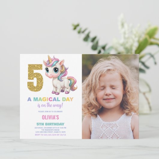 第5誕生日ユニコーン誕生日招待状w写真 招待状 (スタンド正面)