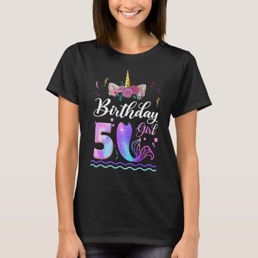 第5誕生日女子ユニコーンマーメイドテール5歳 Tシャツ (正面)