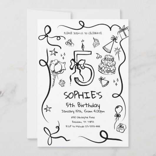 第5誕生日招待状、手描き第5誕生日 招待状 (正面)