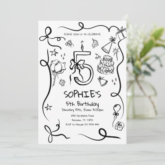 第5誕生日招待状、手描き第5誕生日 招待状 (スタンド正面)