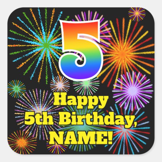 第5誕生日:おもしろい花火ルック、虹の数5 スクエアシール (正面)