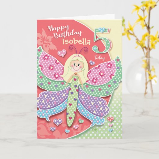 第5誕生日、小さくて可愛い蝶ガール カード (黄色い花)