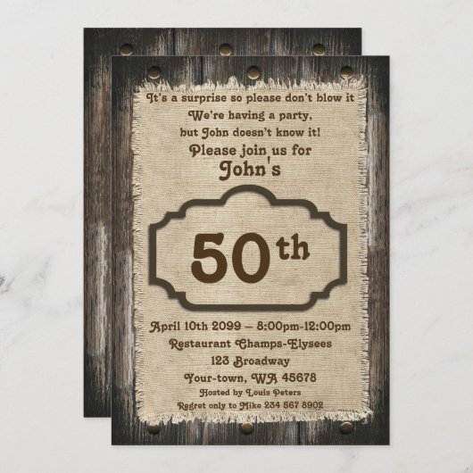 第50の誕生日の人、パーティー人、年齢、素朴な木 招待状 (正面/裏面)