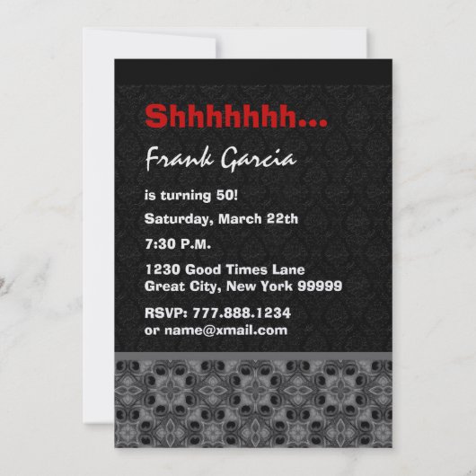 第50びっくりパーティの銀の黒および赤 招待状 (裏面)
