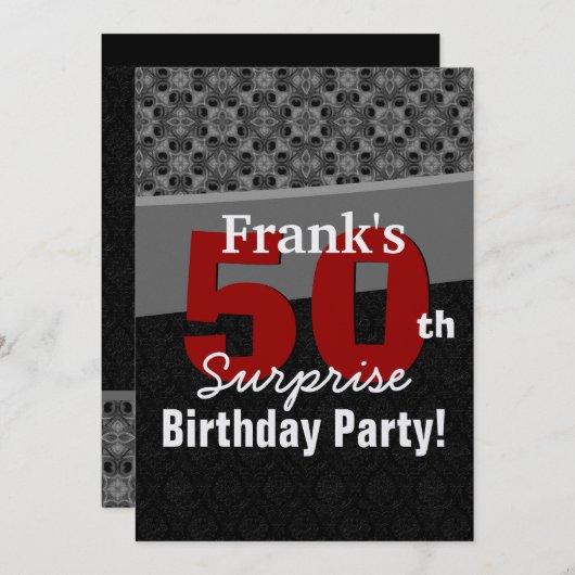 第50びっくりパーティの銀の黒および赤 招待状 (正面/裏面)