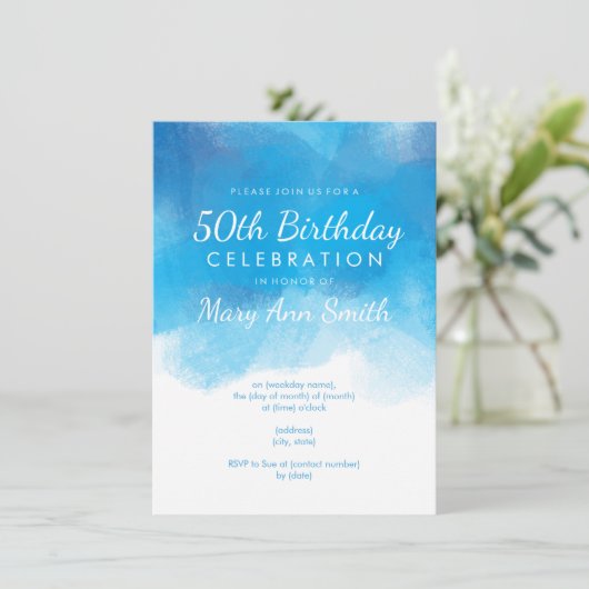 第50シンプル回誕生日パーティー青水彩 招待状 (スタンド正面)