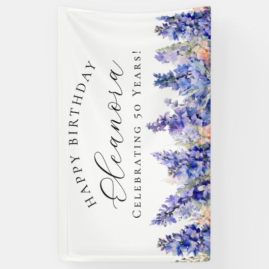 第50ハッピーバースデーバナーブルー7月誕生花 横断幕 (縦)