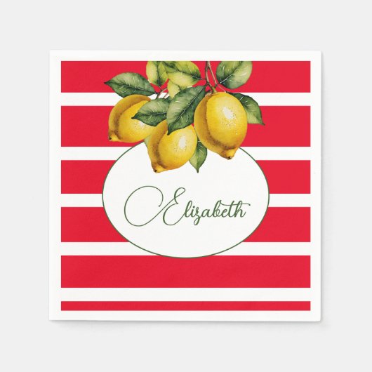 第50レモンボイタリアンタニカルレッドホワイトストライプ スタンダードカクテルナプキン (正面)