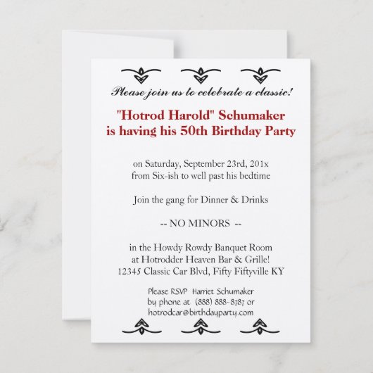第50ヴィンテージの自動車整備士のための誕生会 招待状 (裏面)