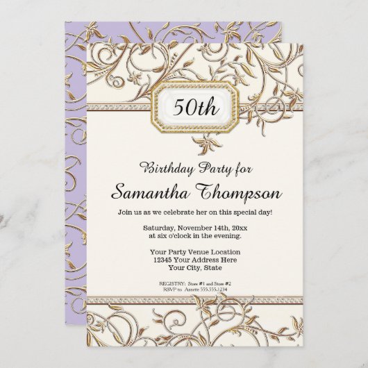 第50回アールヌーボー金ゴールドラベンダー誕生日 招待状 (正面/裏面)