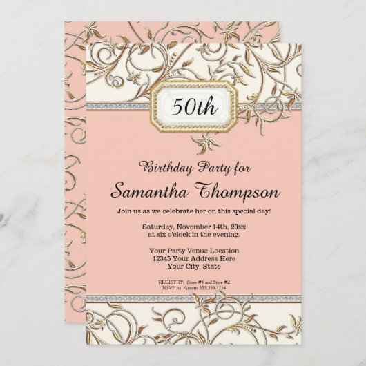 第50回グラム金ゴールドピンクアールヌーボー誕生日 招待状 (正面/裏面)