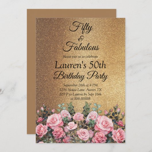 第50回グリッター金ゴールドバラフィフティと素晴らしい誕生日 招待状 (正面/裏面)