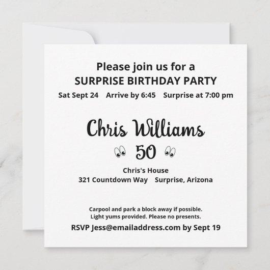 第50回サプライズバースデーパーティーおもしろい白黒 招待状 (裏面)