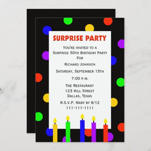 第50回サプライズ誕生日パーティーの招待ドット 招待状 (正面/裏面)