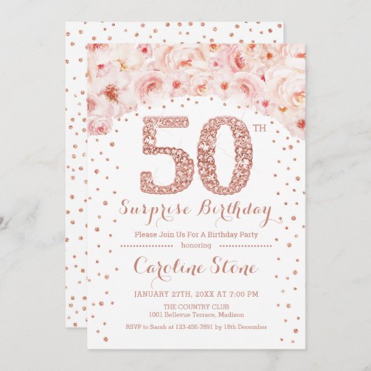 第50回サプライズ誕生日パーティー – ホワイトローズ金ゴールド 招待状 (正面/裏面)